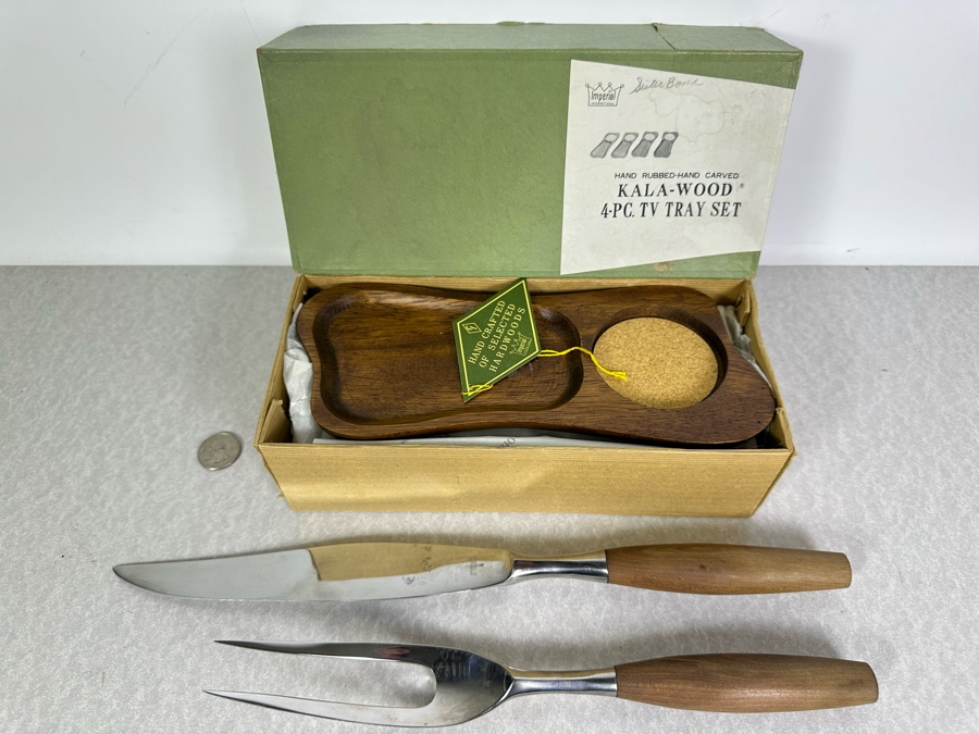 Vintage MCM Present Carving Set & Kala-Wood 4 Piece TV Tray Set By Imperial New Old Stock [Photo 2]