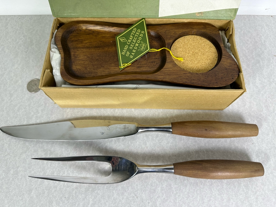 Vintage MCM Present Carving Set & Kala-Wood 4 Piece TV Tray Set By Imperial New Old Stock [Photo 3]