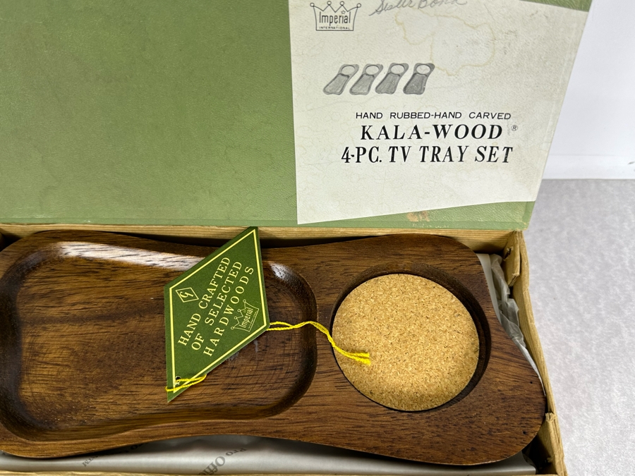 Vintage MCM Present Carving Set & Kala-Wood 4 Piece TV Tray Set By Imperial New Old Stock [Photo 5]