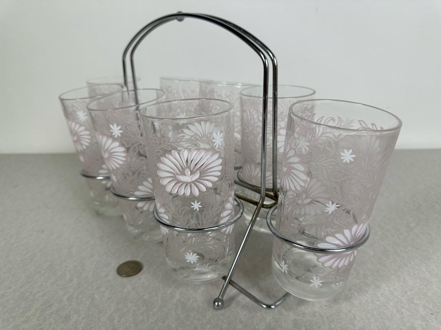 Vintage Glassware 8 Glasses 5.5'H With Chrome Caddy [Photo 3]
