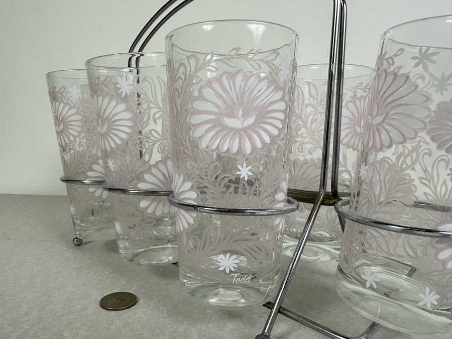 Vintage Glassware 8 Glasses 5.5'H With Chrome Caddy [Photo 5]