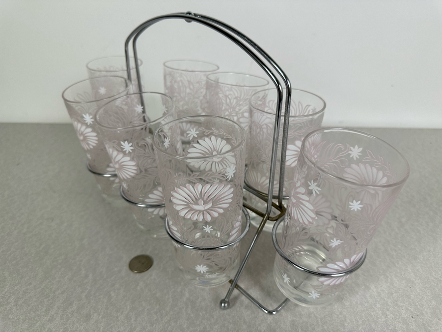 Vintage Glassware 8 Glasses 5.5'H With Chrome Caddy [Photo 4]