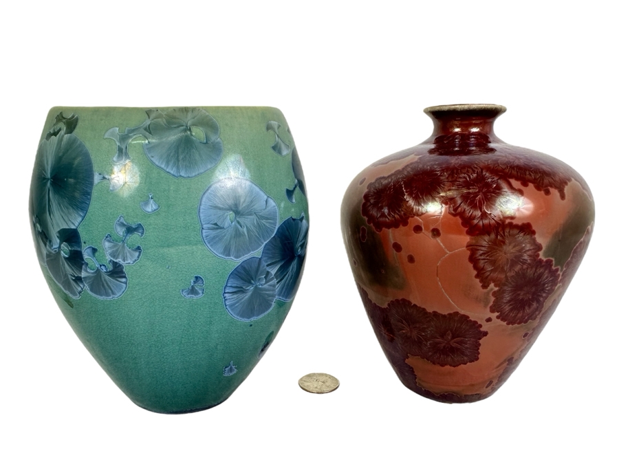 Pair Of Signed Crystalline Glaze Studio Pottery Vases 6.5'H