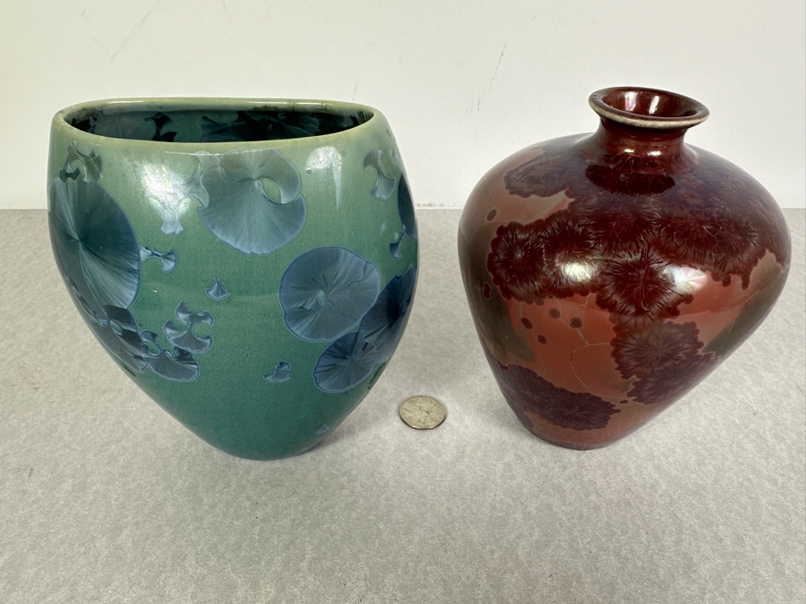 Pair Of Signed Crystalline Glaze Studio Pottery Vases 6.5'H [Photo 2]