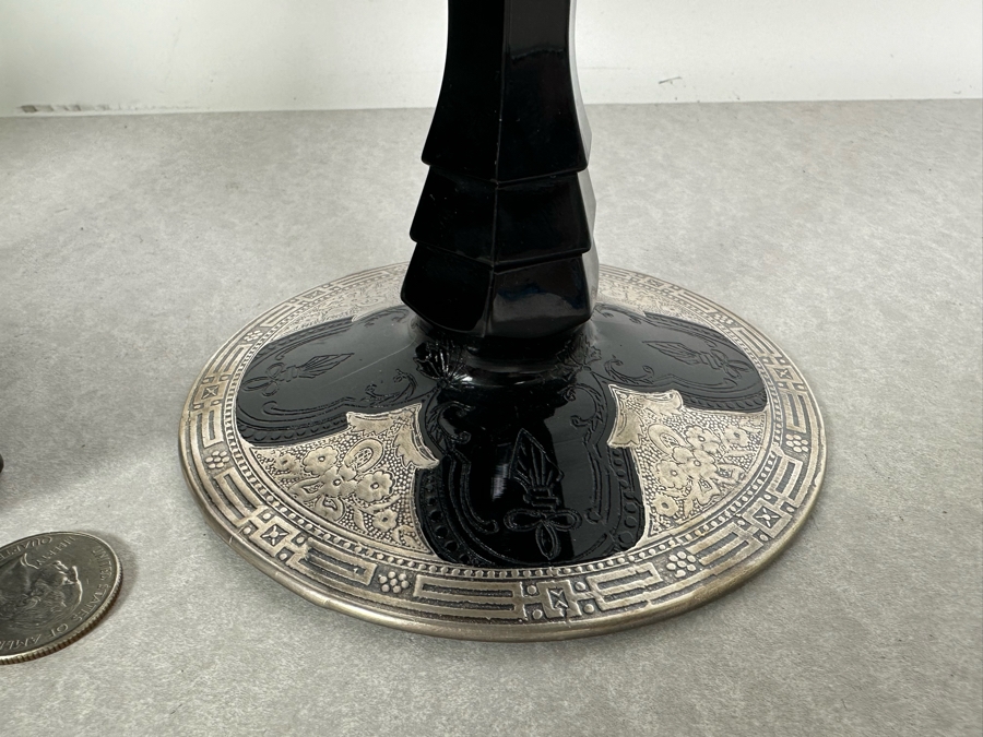 Vintage 1930s Art Deco Duncan Miller Black Glass & Silver Overlay Torpedo Rocket Vase 9'H With Matching Pair Of Candlesticks 6.5'H [Photo 4]