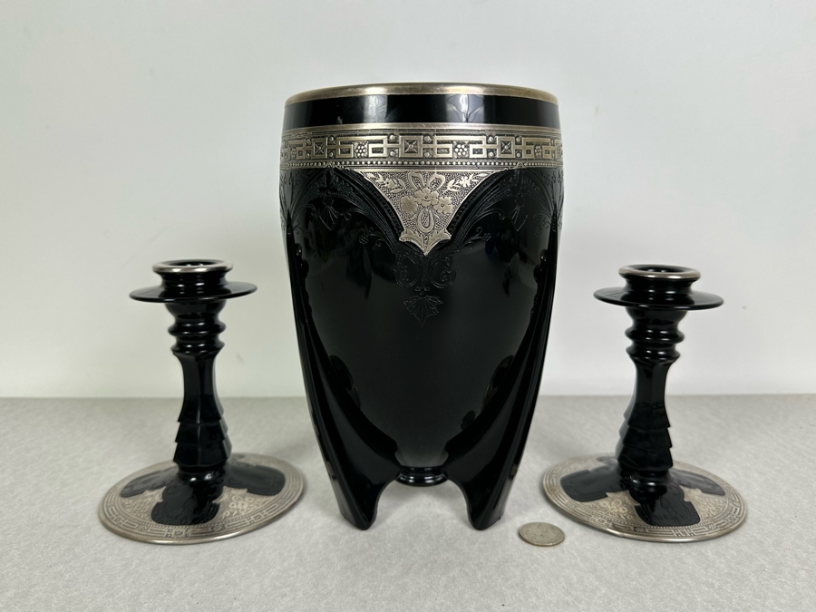 Vintage 1930s Art Deco Duncan Miller Black Glass & Silver Overlay Torpedo Rocket Vase 9'H With Matching Pair Of Candlesticks 6.5'H [Photo 2]