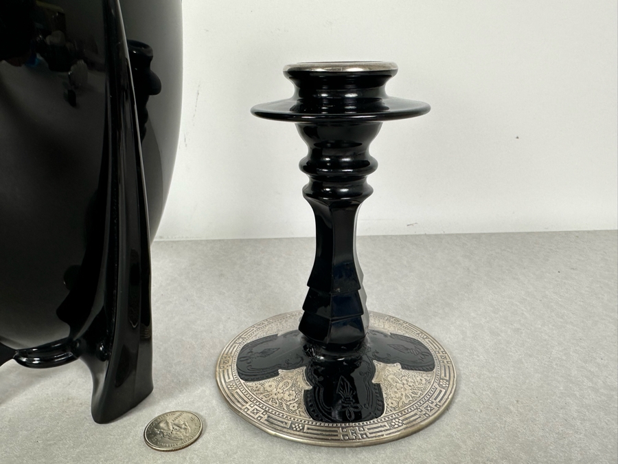 Vintage 1930s Art Deco Duncan Miller Black Glass & Silver Overlay Torpedo Rocket Vase 9'H With Matching Pair Of Candlesticks 6.5'H [Photo 5]