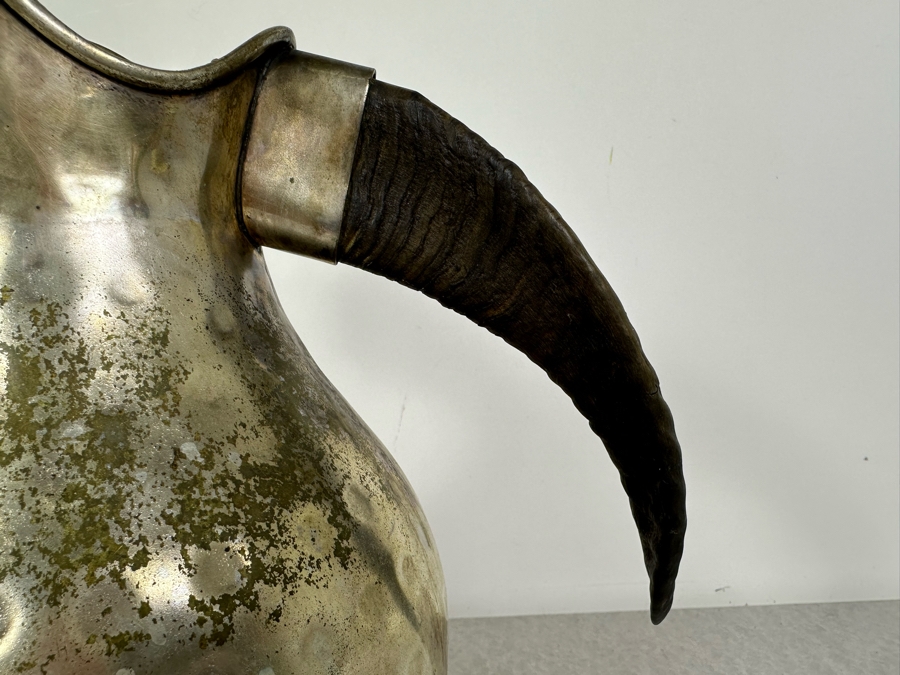 Vintage MCM Mexican Hammered Silverplate Pitcher Signed LR With Horn Handle 10.5'H [Photo 3]