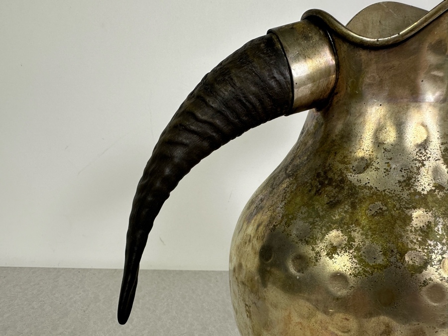 Vintage MCM Mexican Hammered Silverplate Pitcher Signed LR With Horn Handle 10.5'H [Photo 5]