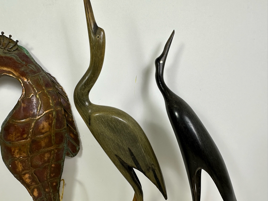 Artist Signed Brass Sailboat Sculpture, Handmade Copper Seahorse Wall Decor By Vaughan Robinson (Retails $75) & Pair Of Carved Horn Egrets Birds 12'H - 14'H [Photo 7]