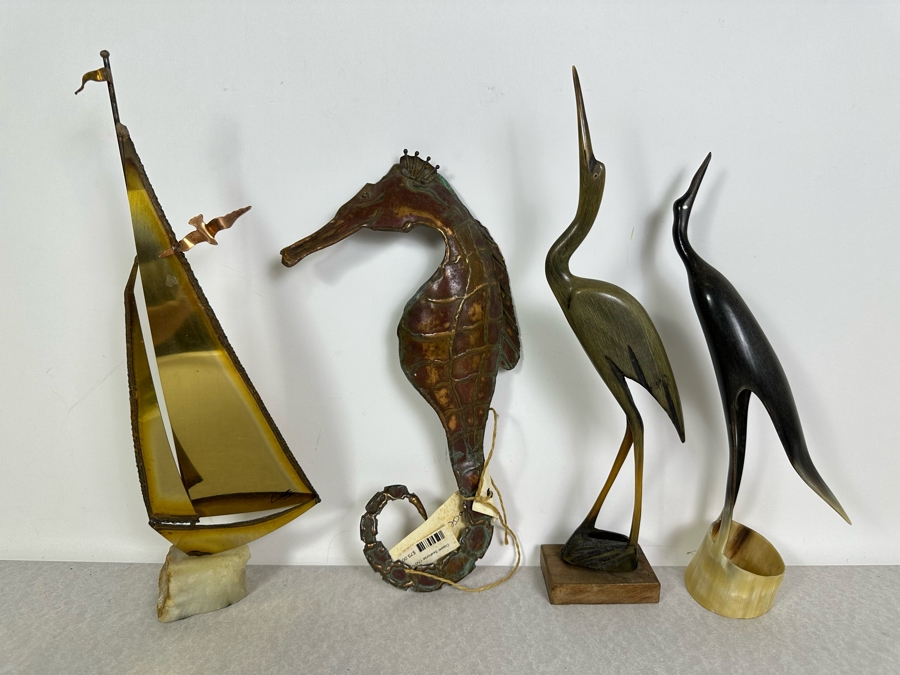 Artist Signed Brass Sailboat Sculpture, Handmade Copper Seahorse Wall Decor By Vaughan Robinson (Retails $75) & Pair Of Carved Horn Egrets Birds 12'H - 14'H [Photo 2]