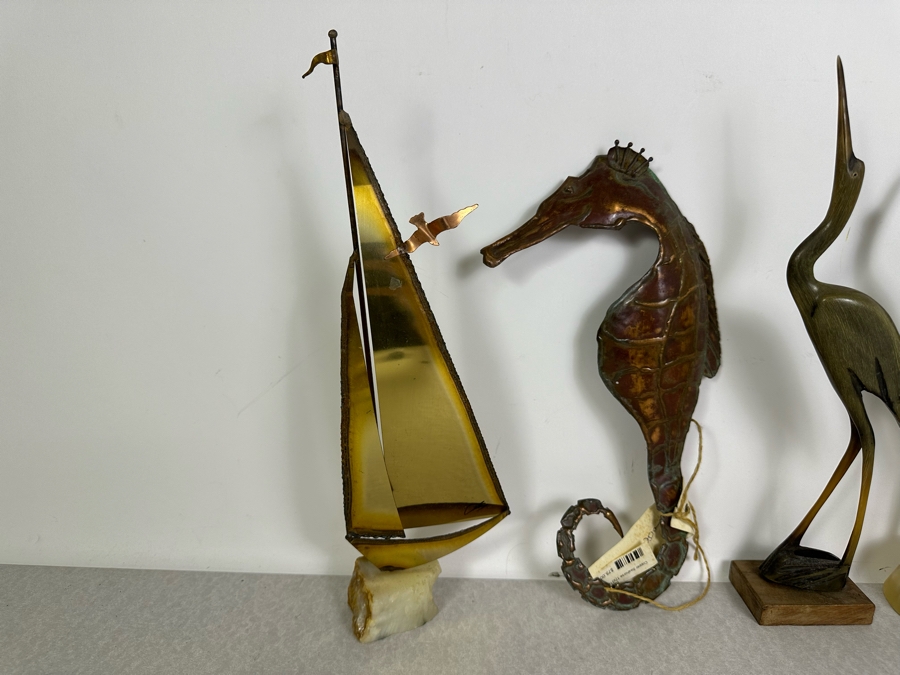 Artist Signed Brass Sailboat Sculpture, Handmade Copper Seahorse Wall Decor By Vaughan Robinson (Retails $75) & Pair Of Carved Horn Egrets Birds 12'H - 14'H [Photo 3]