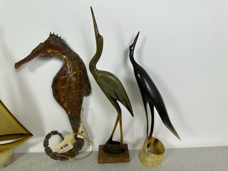 Artist Signed Brass Sailboat Sculpture, Handmade Copper Seahorse Wall Decor By Vaughan Robinson (Retails $75) & Pair Of Carved Horn Egrets Birds 12'H - 14'H [Photo 6]