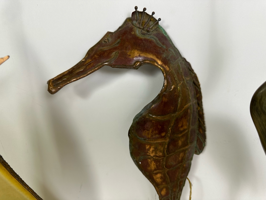 Artist Signed Brass Sailboat Sculpture, Handmade Copper Seahorse Wall Decor By Vaughan Robinson (Retails $75) & Pair Of Carved Horn Egrets Birds 12'H - 14'H [Photo 9]