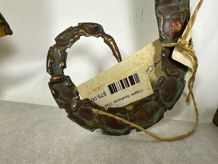 Artist Signed Brass Sailboat Sculpture, Handmade Copper Seahorse Wall Decor By Vaughan Robinson (Retails $75) & Pair Of Carved Horn Egrets Birds 12'H - 14'H [Photo 5]