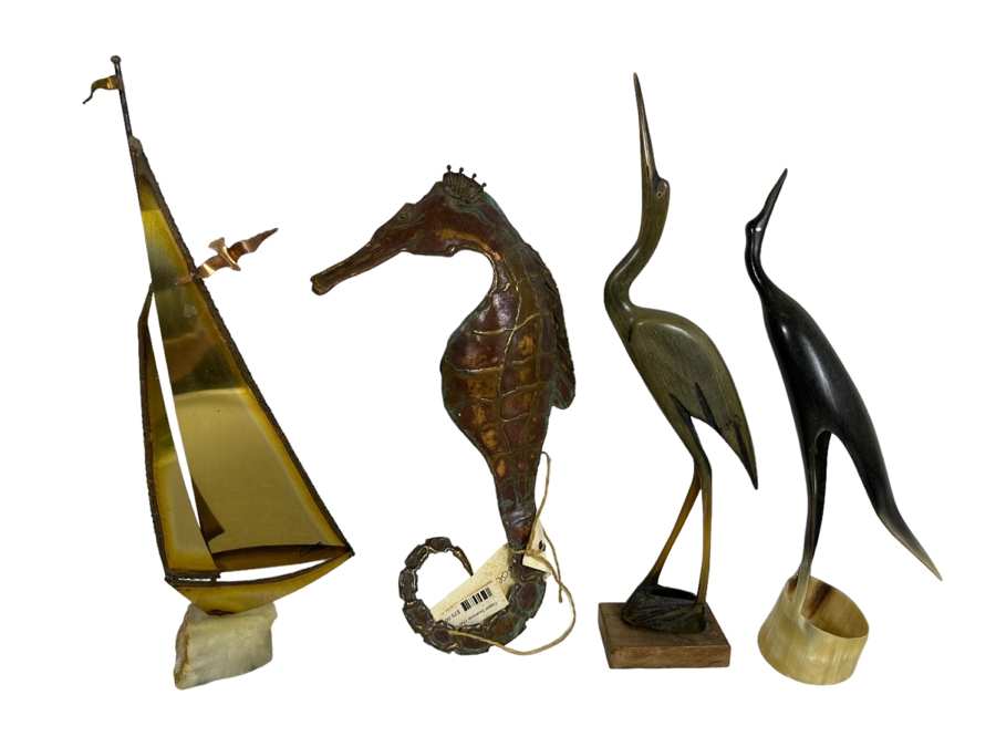 Artist Signed Brass Sailboat Sculpture, Handmade Copper Seahorse Wall Decor By Vaughan Robinson (Retails $75) & Pair Of Carved Horn Egrets Birds 12'H - 14'H [Photo 1]