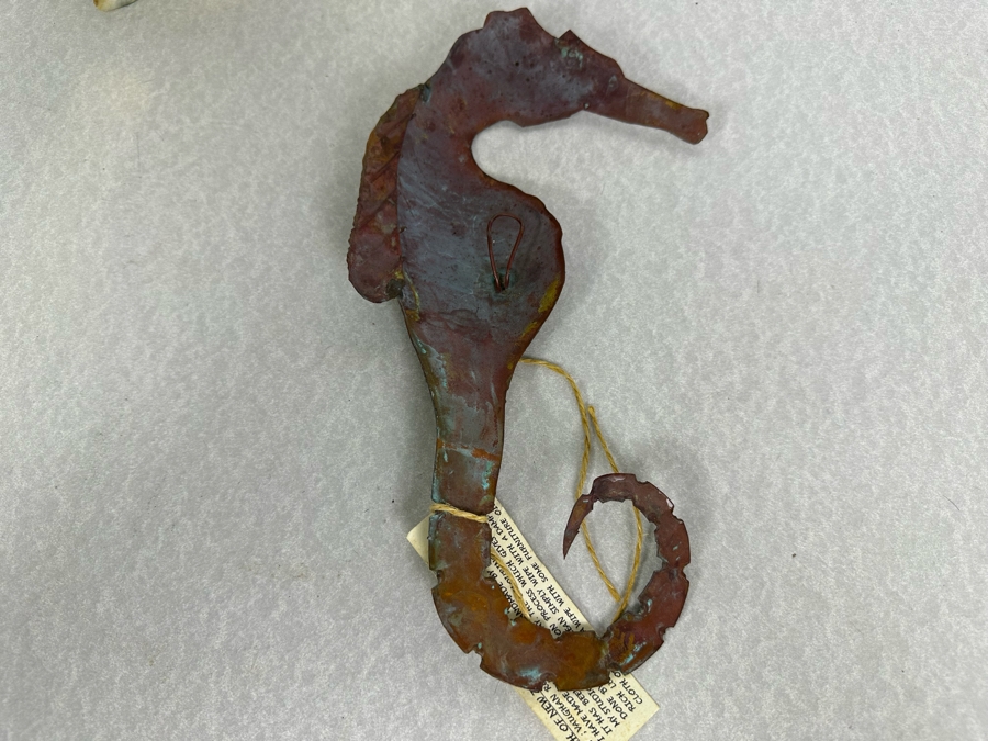 Artist Signed Brass Sailboat Sculpture, Handmade Copper Seahorse Wall Decor By Vaughan Robinson (Retails $75) & Pair Of Carved Horn Egrets Birds 12'H - 14'H [Photo 11]