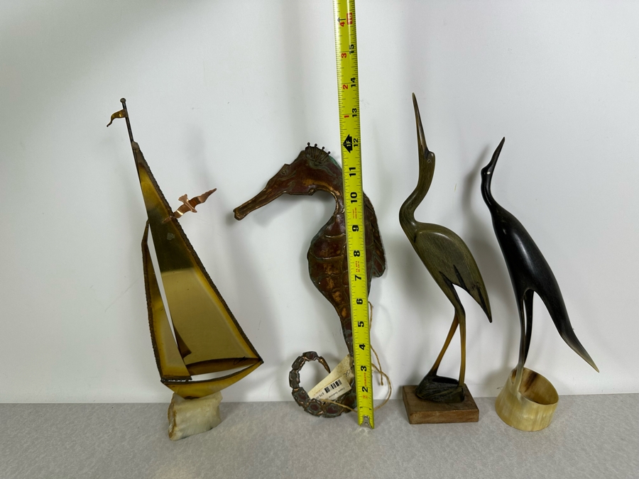 Artist Signed Brass Sailboat Sculpture, Handmade Copper Seahorse Wall Decor By Vaughan Robinson (Retails $75) & Pair Of Carved Horn Egrets Birds 12'H - 14'H [Photo 10]
