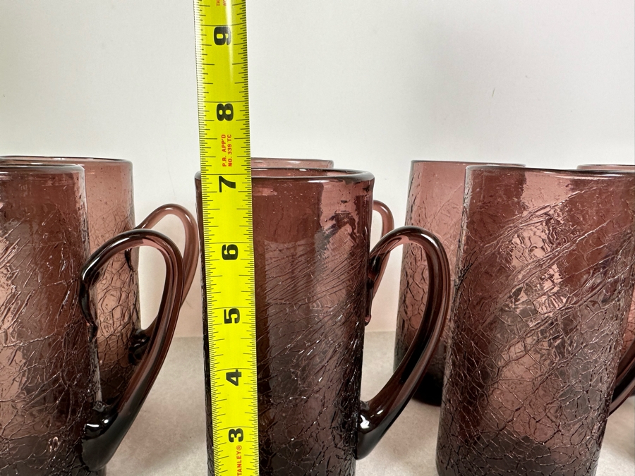 (8) Vintage MCM Set Of Amethyst Purple Crackle Glass Glasses With Handles 7'H [Photo 8]