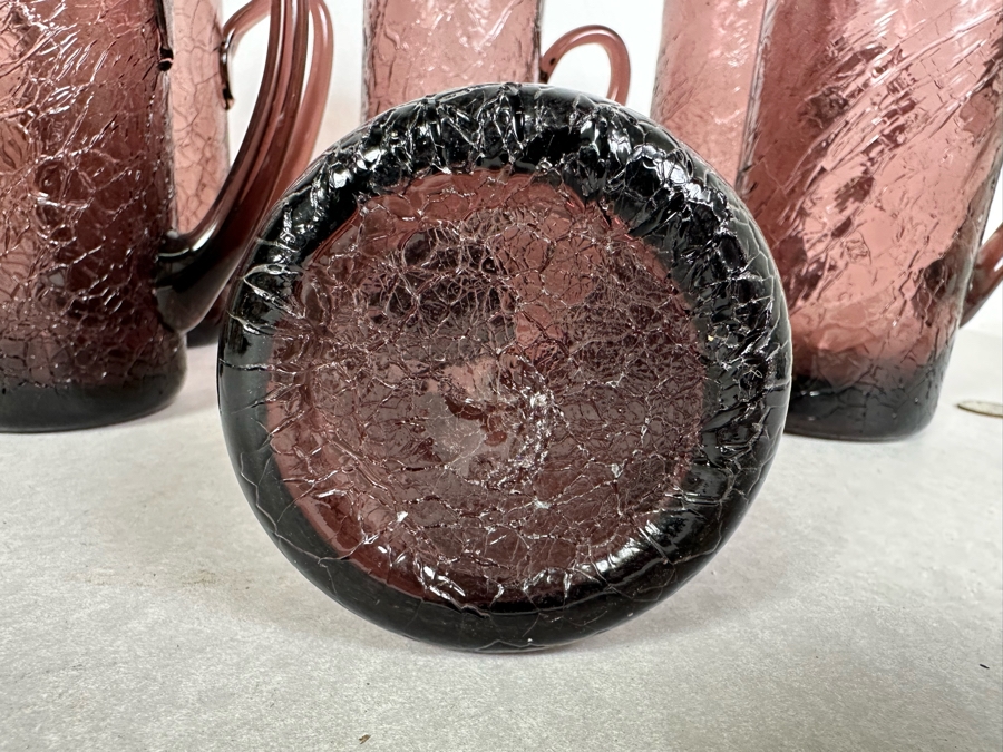 (8) Vintage MCM Set Of Amethyst Purple Crackle Glass Glasses With Handles 7'H [Photo 9]