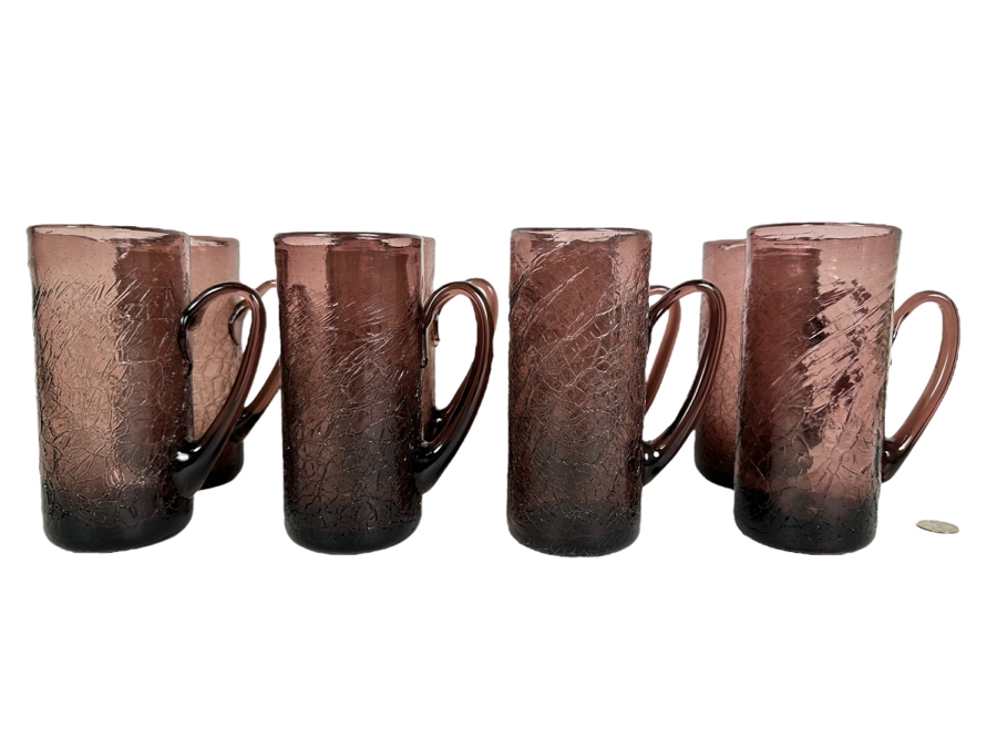 (8) Vintage MCM Set Of Amethyst Purple Crackle Glass Glasses With Handles 7'H [Photo 2]