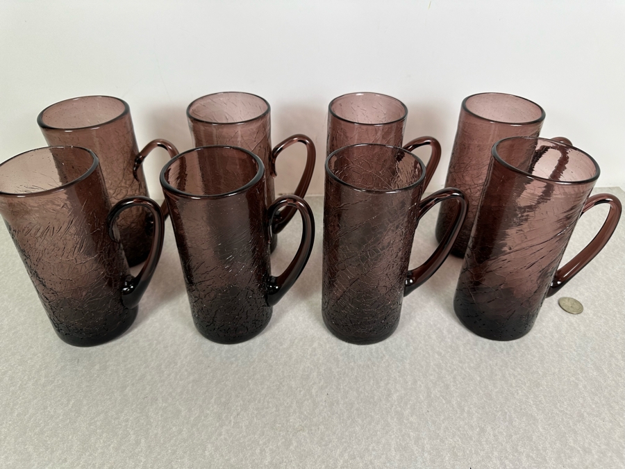 (8) Vintage MCM Set Of Amethyst Purple Crackle Glass Glasses With Handles 7'H [Photo 6]