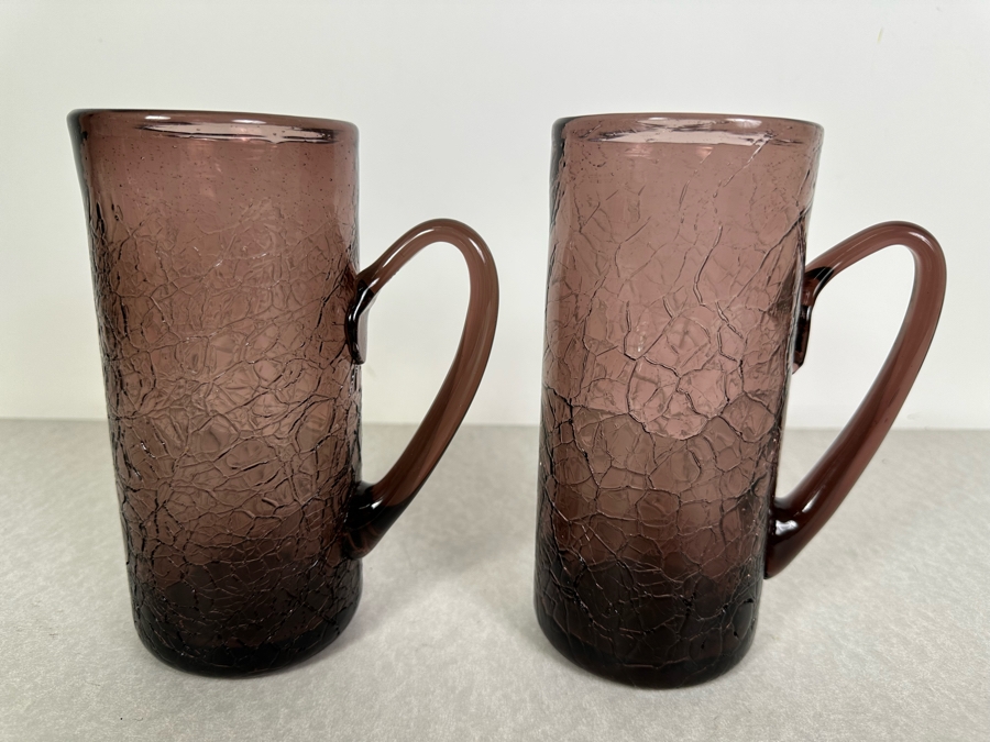 (8) Vintage MCM Set Of Amethyst Purple Crackle Glass Glasses With Handles 7'H [Photo 3]