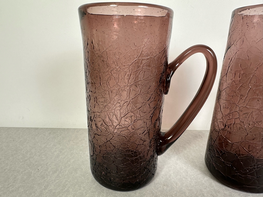 (8) Vintage MCM Set Of Amethyst Purple Crackle Glass Glasses With Handles 7'H [Photo 5]