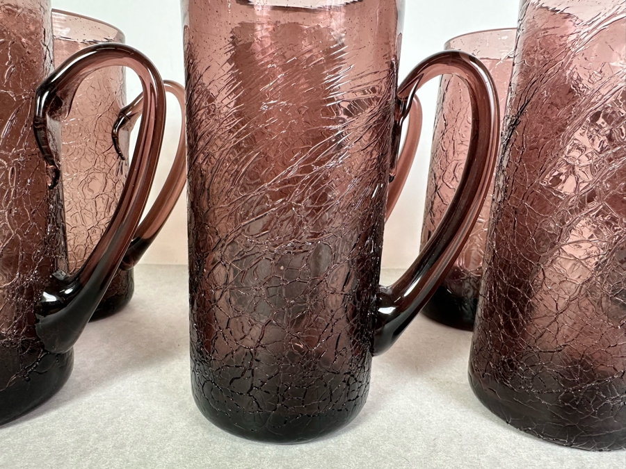 (8) Vintage MCM Set Of Amethyst Purple Crackle Glass Glasses With Handles 7'H [Photo 7]