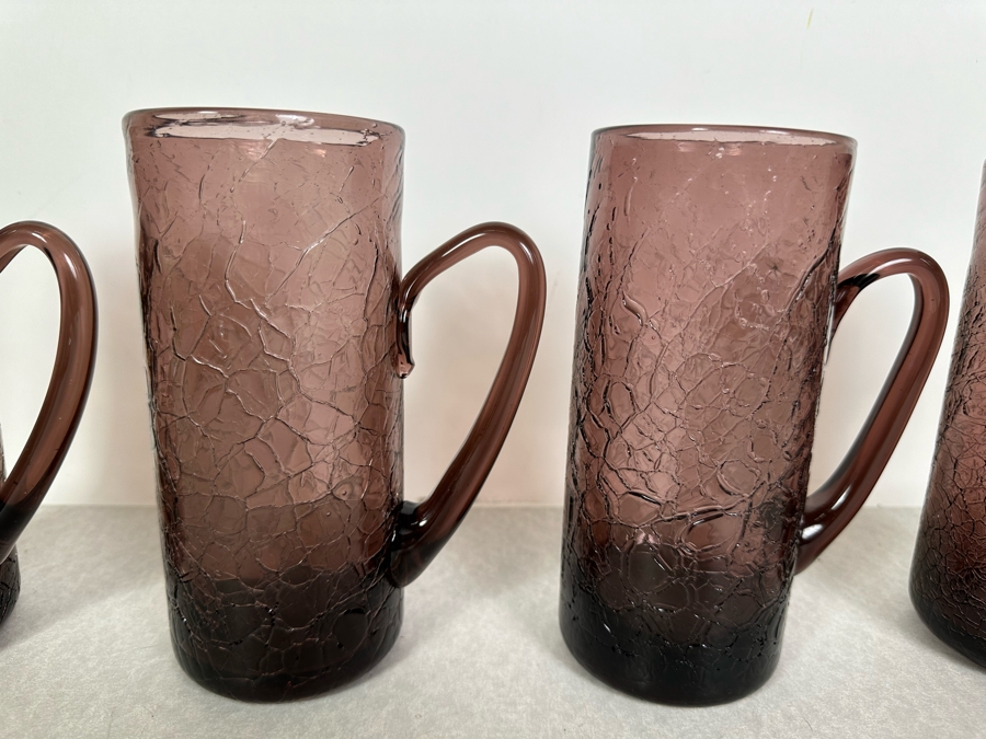(8) Vintage MCM Set Of Amethyst Purple Crackle Glass Glasses With Handles 7'H [Photo 4]