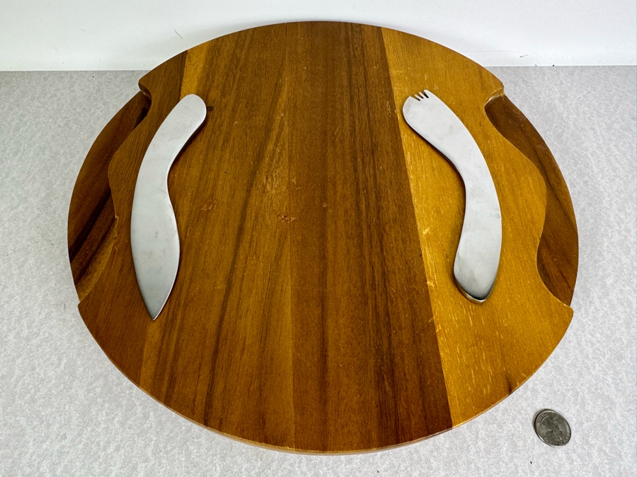 Nambe Acacia Wood Cheese Block With Knife & Spreader Magnetic 15'W [Photo 4]