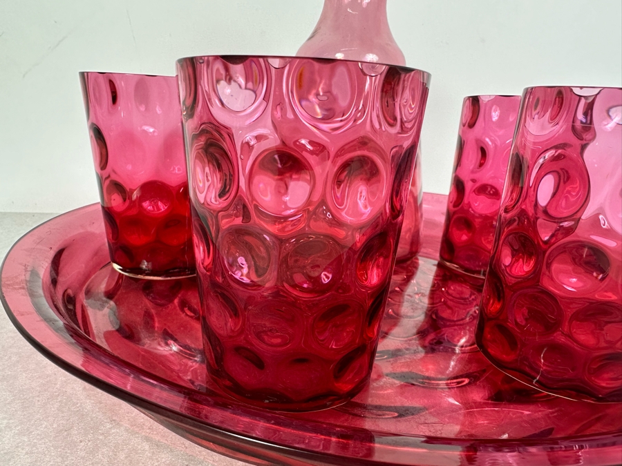 Vintage Cranberry Glass Decanter 7.5'H, (4) Tumbler Glasses 4'H And Matching Round Tray 12.5'R [Photo 4]
