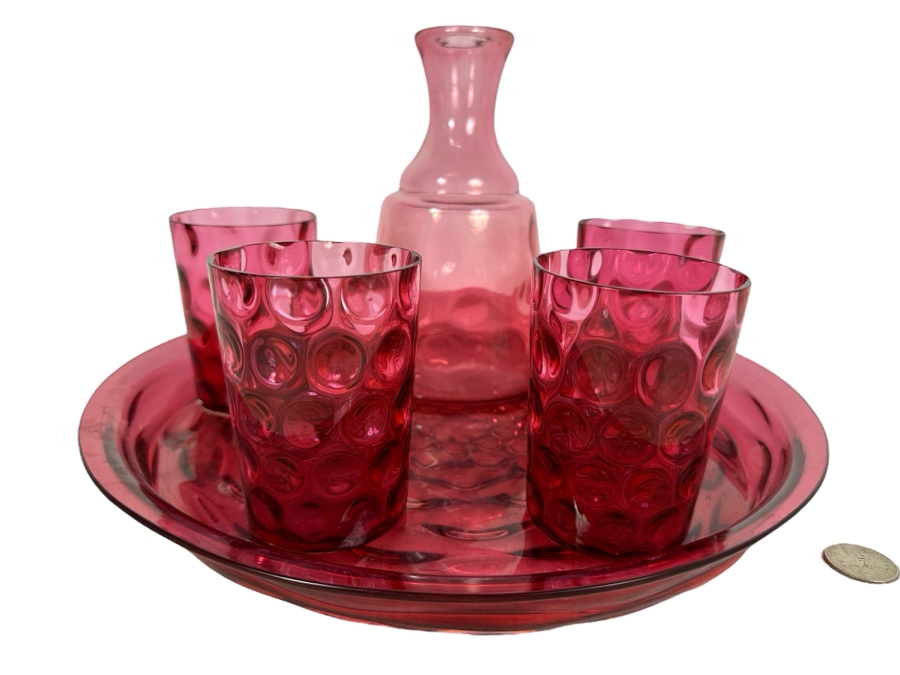 Vintage Cranberry Glass Decanter 7.5'H, (4) Tumbler Glasses 4'H And Matching Round Tray 12.5'R