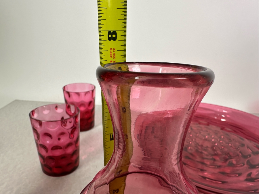 Vintage Cranberry Glass Decanter 7.5'H, (4) Tumbler Glasses 4'H And Matching Round Tray 12.5'R [Photo 8]