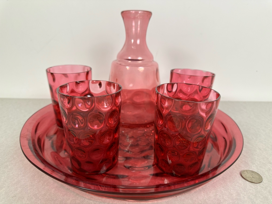 Vintage Cranberry Glass Decanter 7.5'H, (4) Tumbler Glasses 4'H And Matching Round Tray 12.5'R [Photo 2]