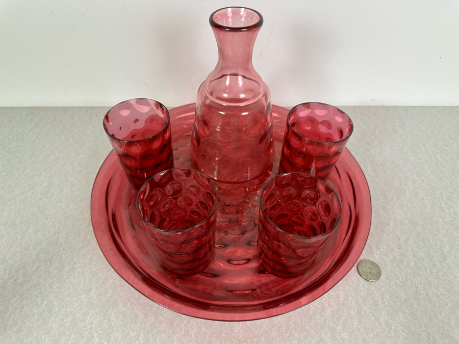 Vintage Cranberry Glass Decanter 7.5'H, (4) Tumbler Glasses 4'H And Matching Round Tray 12.5'R [Photo 5]