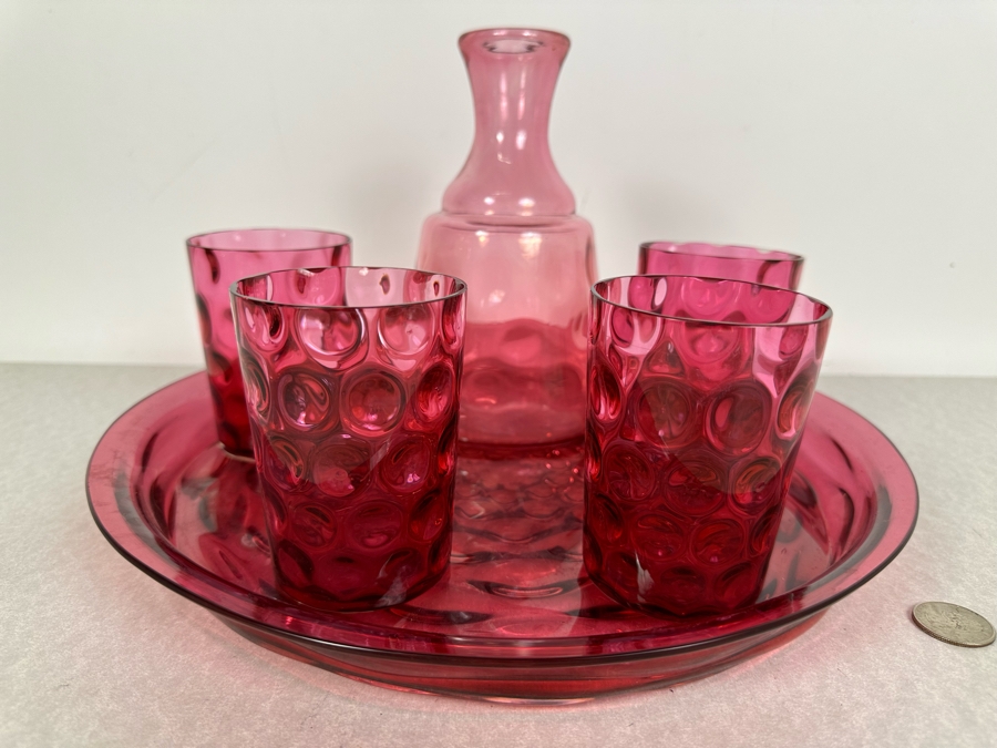 Vintage Cranberry Glass Decanter 7.5'H, (4) Tumbler Glasses 4'H And Matching Round Tray 12.5'R [Photo 3]