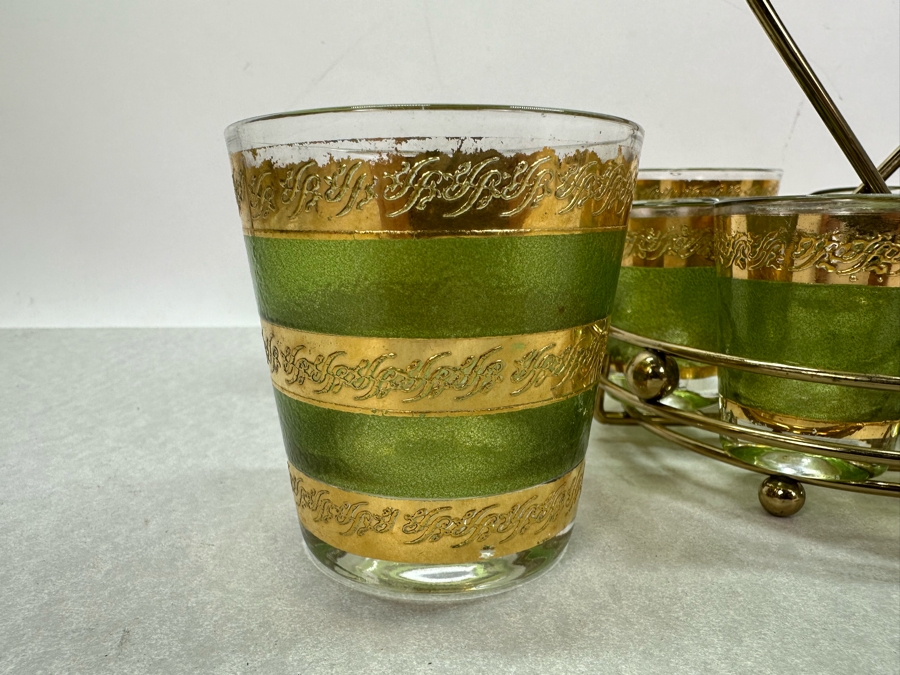 Vintage MCM Barware Shot Glasses With Brass Caddy 3.25'H & 2.25'H [Photo 2]