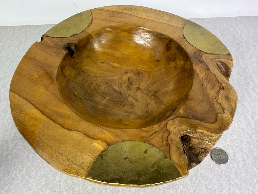Turned Burled Walnut Bowl With Applied Brass Accents 11.75'W X 3'H [Photo 2]
