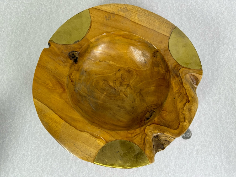 Turned Burled Walnut Bowl With Applied Brass Accents 11.75'W X 3'H [Photo 4]