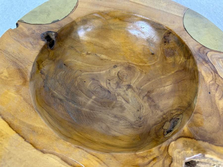Turned Burled Walnut Bowl With Applied Brass Accents 11.75'W X 3'H [Photo 5]