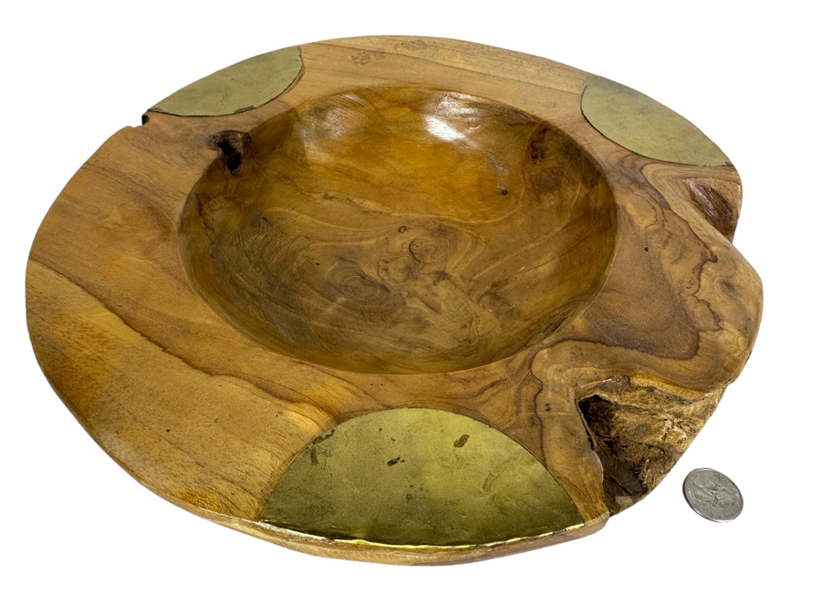 Turned Burled Walnut Bowl With Applied Brass Accents 11.75'W X 3'H