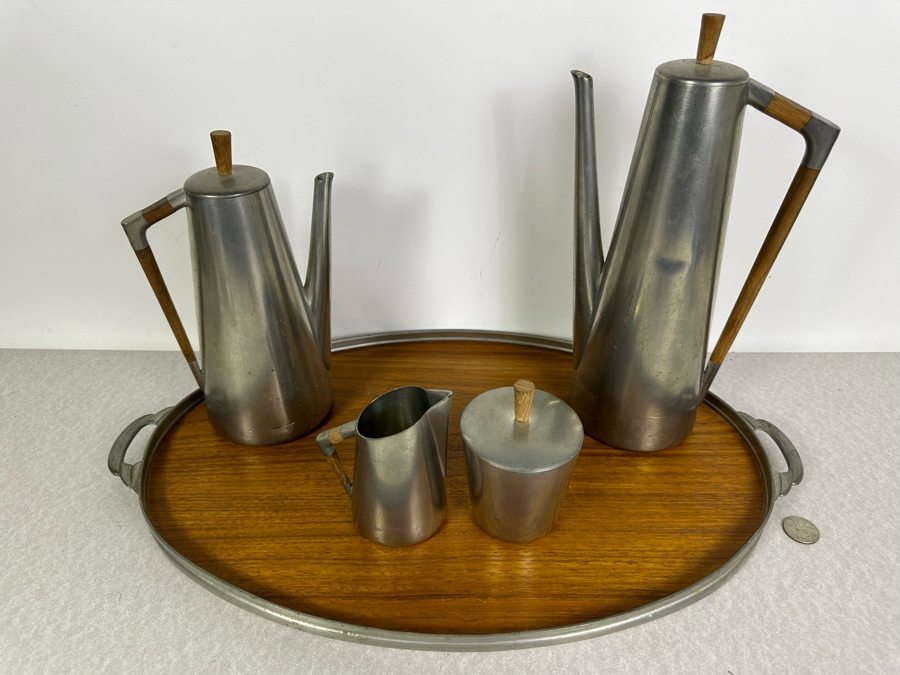 Vintage Modernist Royal Holland Pewter KDM Coffee & Tea Set With Tray Made In Holland Daalderop [Photo 2]