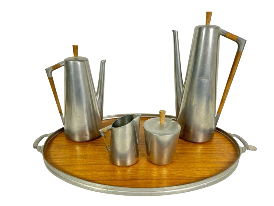 Vintage Modernist Royal Holland Pewter KDM Coffee & Tea Set With Tray Made In Holland Daalderop
