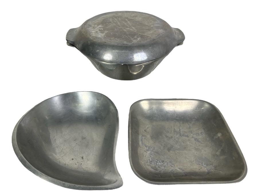 Nambe Covered Bowl and Pair of Serving Dishes 