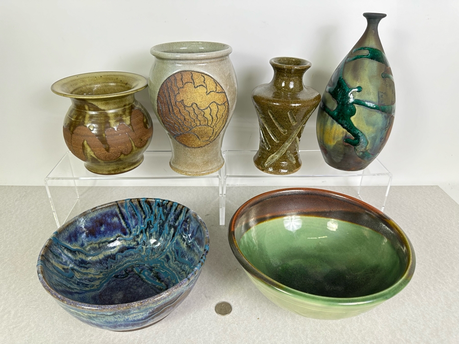 Collection of 6 Artist Signed Studio Pottery Bowls and Vases [Photo 4]