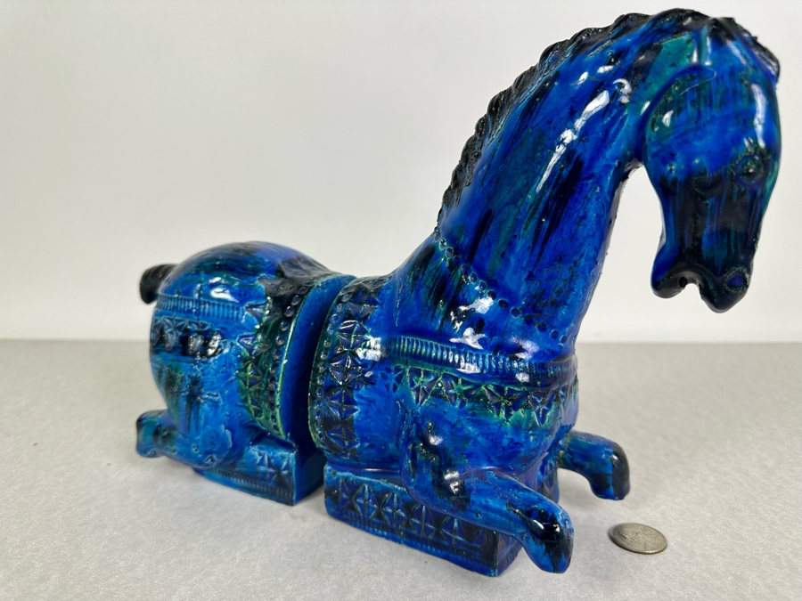 Vintage Mid-Century Modern Bitossi Italian Ceramic Pottery Horse Bookends Sculpture By Aldo Londi With Chinese Glazed Finish 12'W X 4.5'D X 9'H - See Photos For Repaired Foot & Tail [Photo 3]