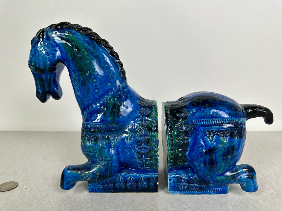 Vintage Mid-Century Modern Bitossi Italian Ceramic Pottery Horse Bookends Sculpture By Aldo Londi With Chinese Glazed Finish 12'W X 4.5'D X 9'H - See Photos For Repaired Foot & Tail [Photo 8]