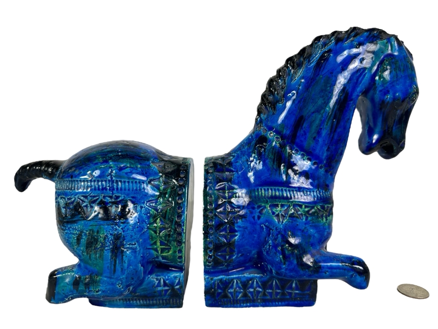 Vintage Mid-Century Modern Bitossi Italian Ceramic Pottery Horse Bookends Sculpture By Aldo Londi With Chinese Glazed Finish 12'W X 4.5'D X 9'H - See Photos For Repaired Foot & Tail
