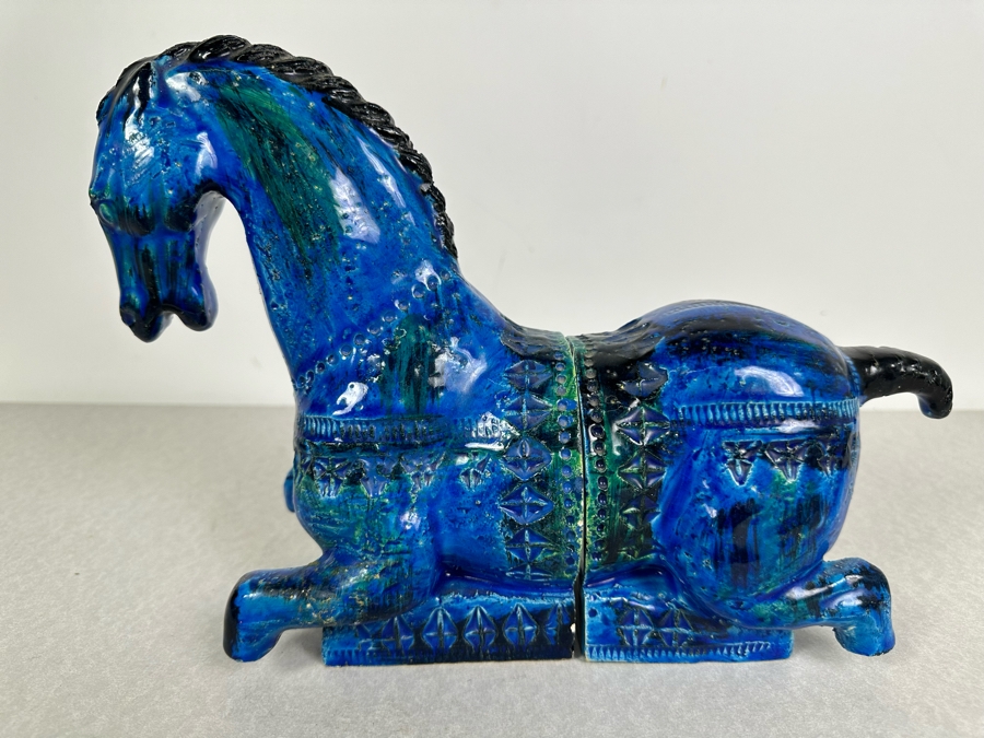 Vintage Mid-Century Modern Bitossi Italian Ceramic Pottery Horse Bookends Sculpture By Aldo Londi With Chinese Glazed Finish 12'W X 4.5'D X 9'H - See Photos For Repaired Foot & Tail [Photo 16]